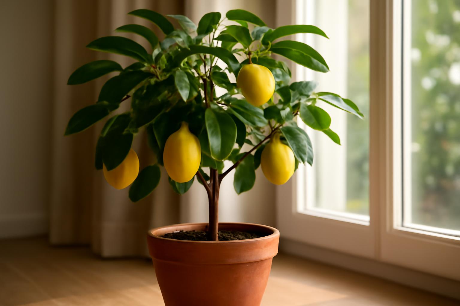 Egy szobai citromfa zöld levelekkel és érett citromokkal, cserepében.