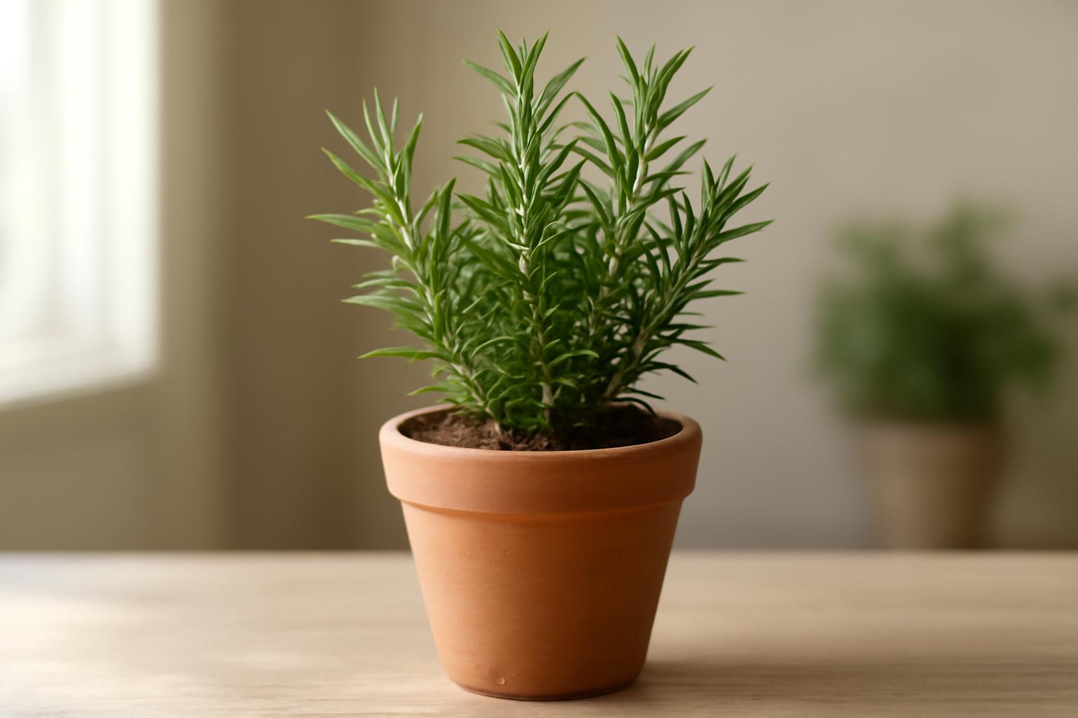 Zöld szobanövény, cserépben ültetett rozmaring, világos háttérrel.