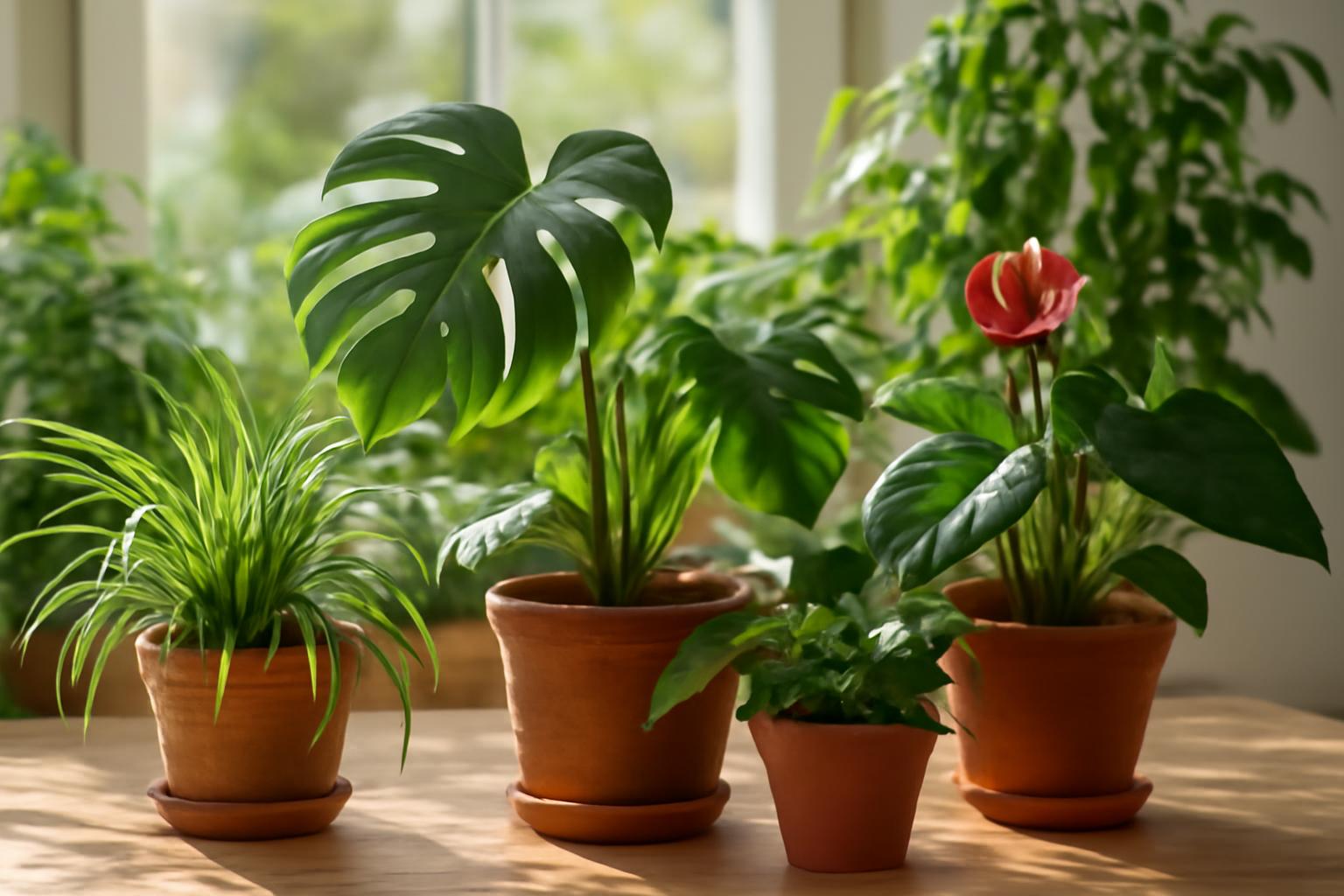 Néhány szobanövény, köztük zöld levelek és virágzó dísznövények, napfényben.