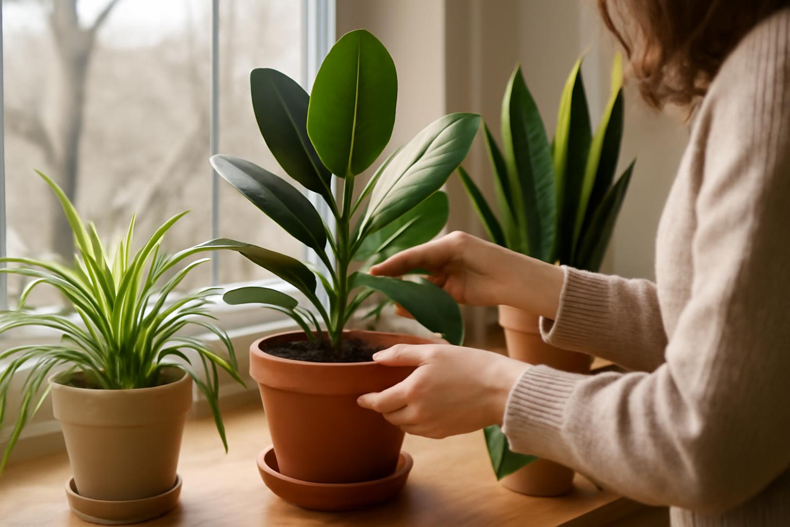 Egy nő gondoz egy zöld szobanövényt a napfényes ablak mellett.