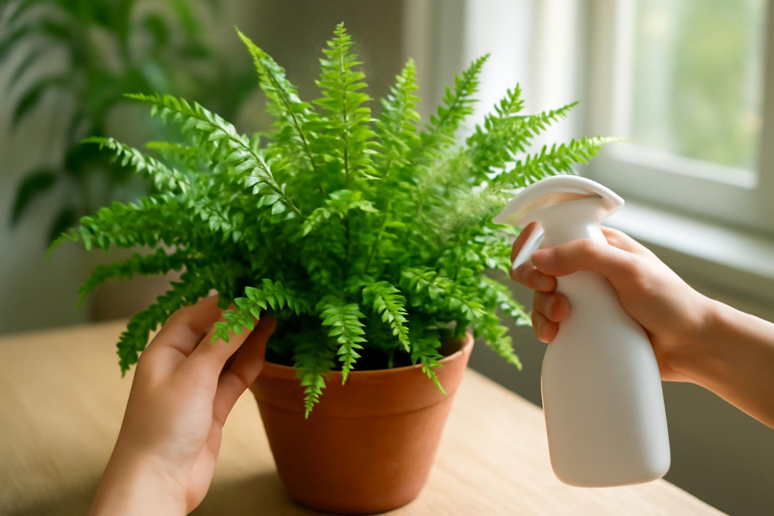 Kéz spriccel egy szobapáfrányt, amely dús zöld levelekkel rendelkezik.