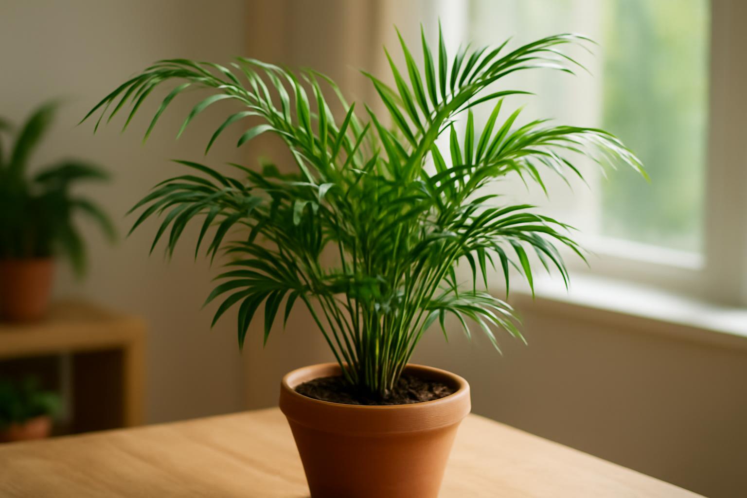 Zöld szobapálma cserepben, napfényben, otthoni környezetben.