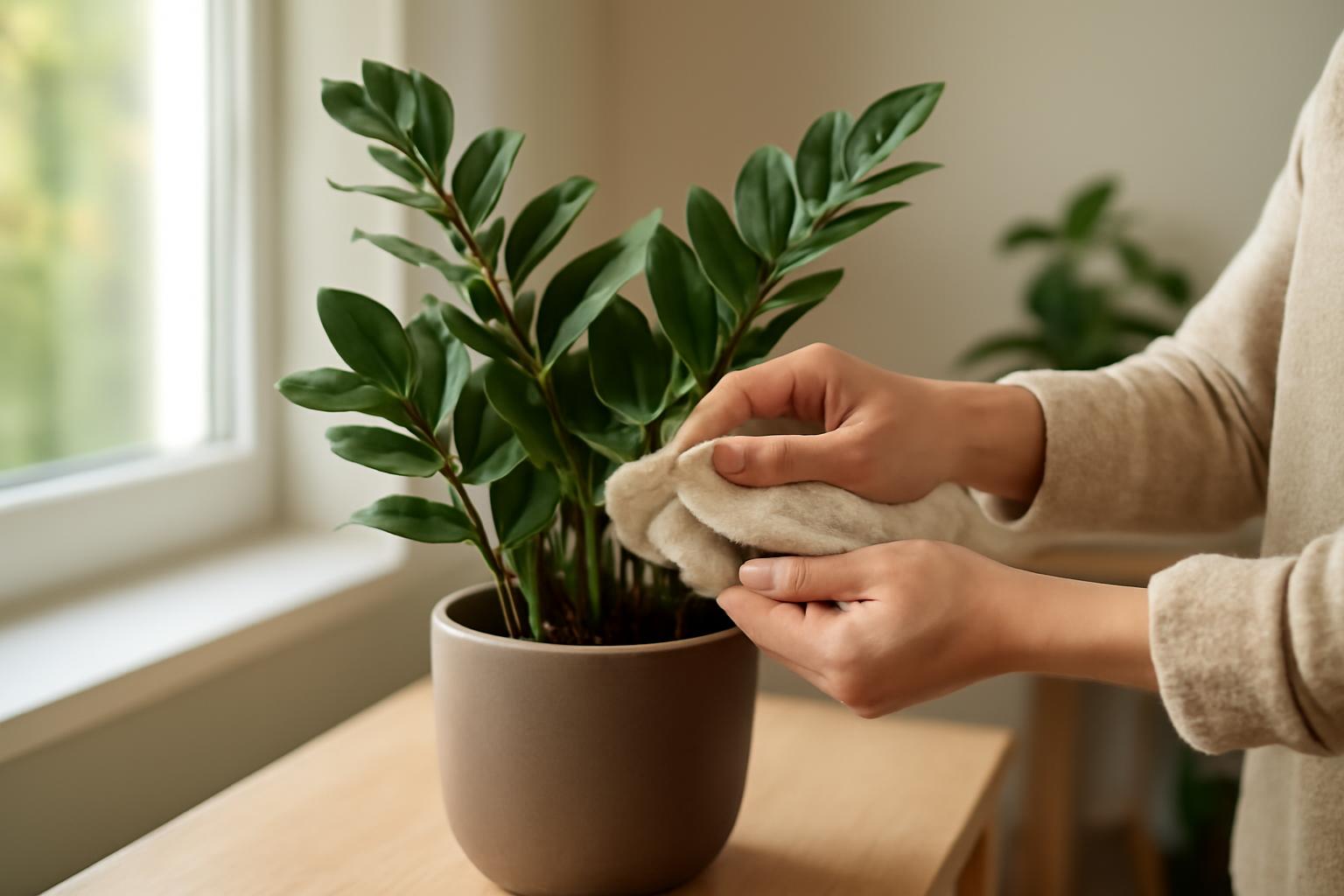 Egy személy a Zamioculcas, azaz pénzfa leveleit törli egy puha ronggyal.