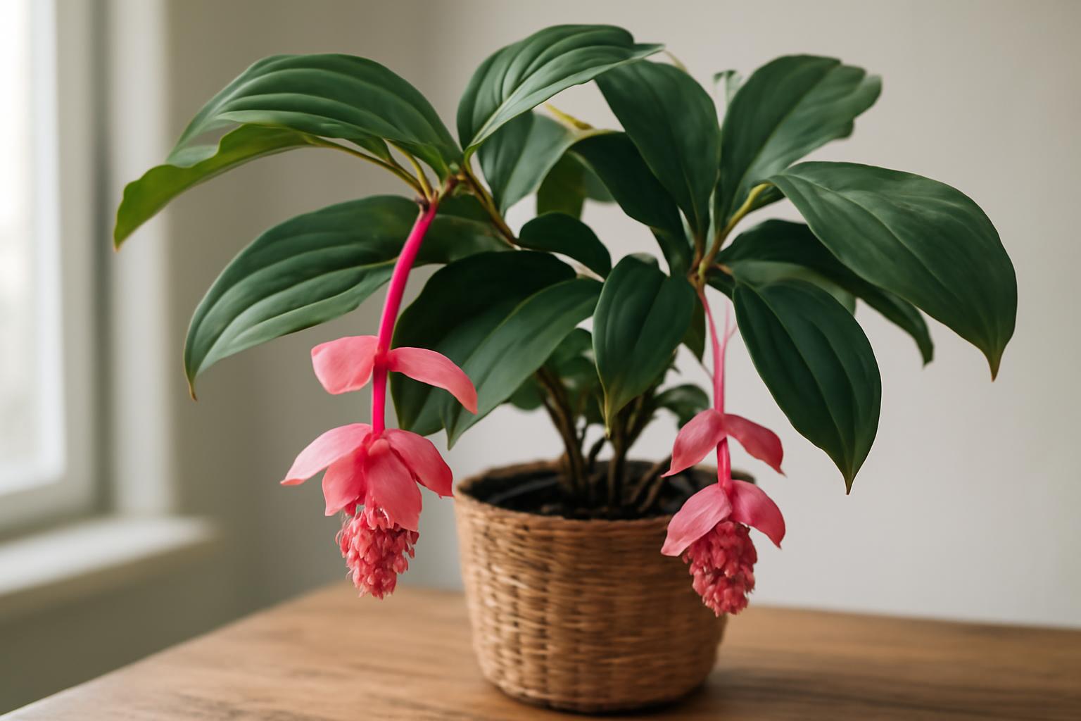 Virágzó medinilla növény, pink virágokkal és zöld levelekkel, cserepes virágként.