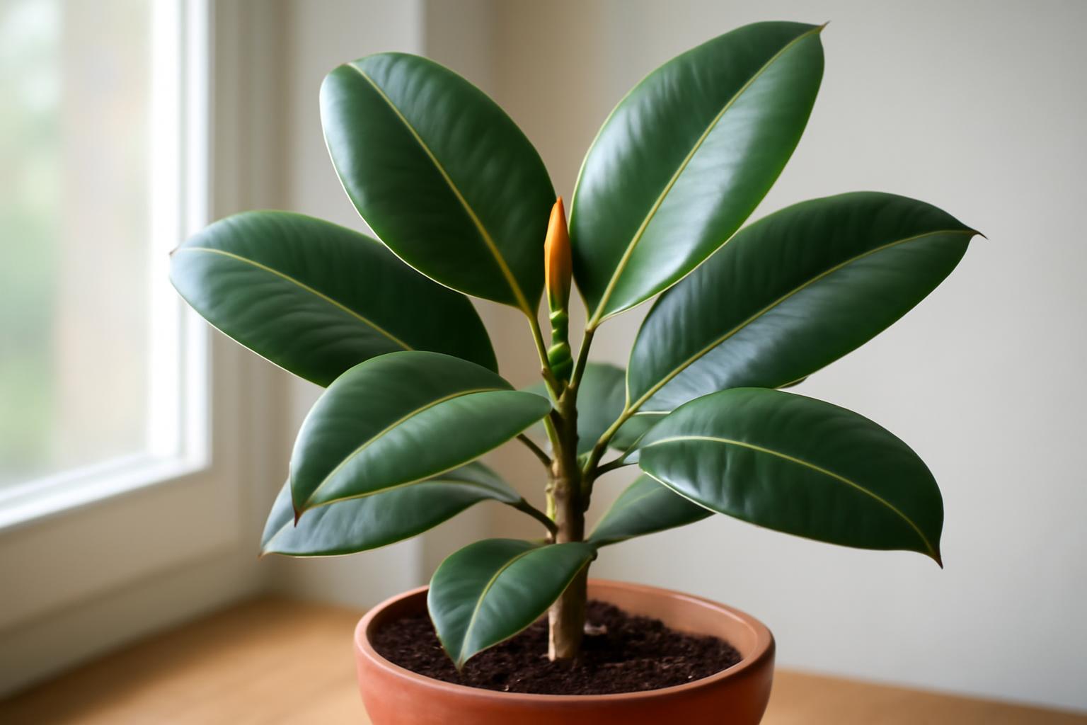 Egy egészséges fikusz gumifa, zöld levelekkel és virágkezdeménnyel, cserepében.