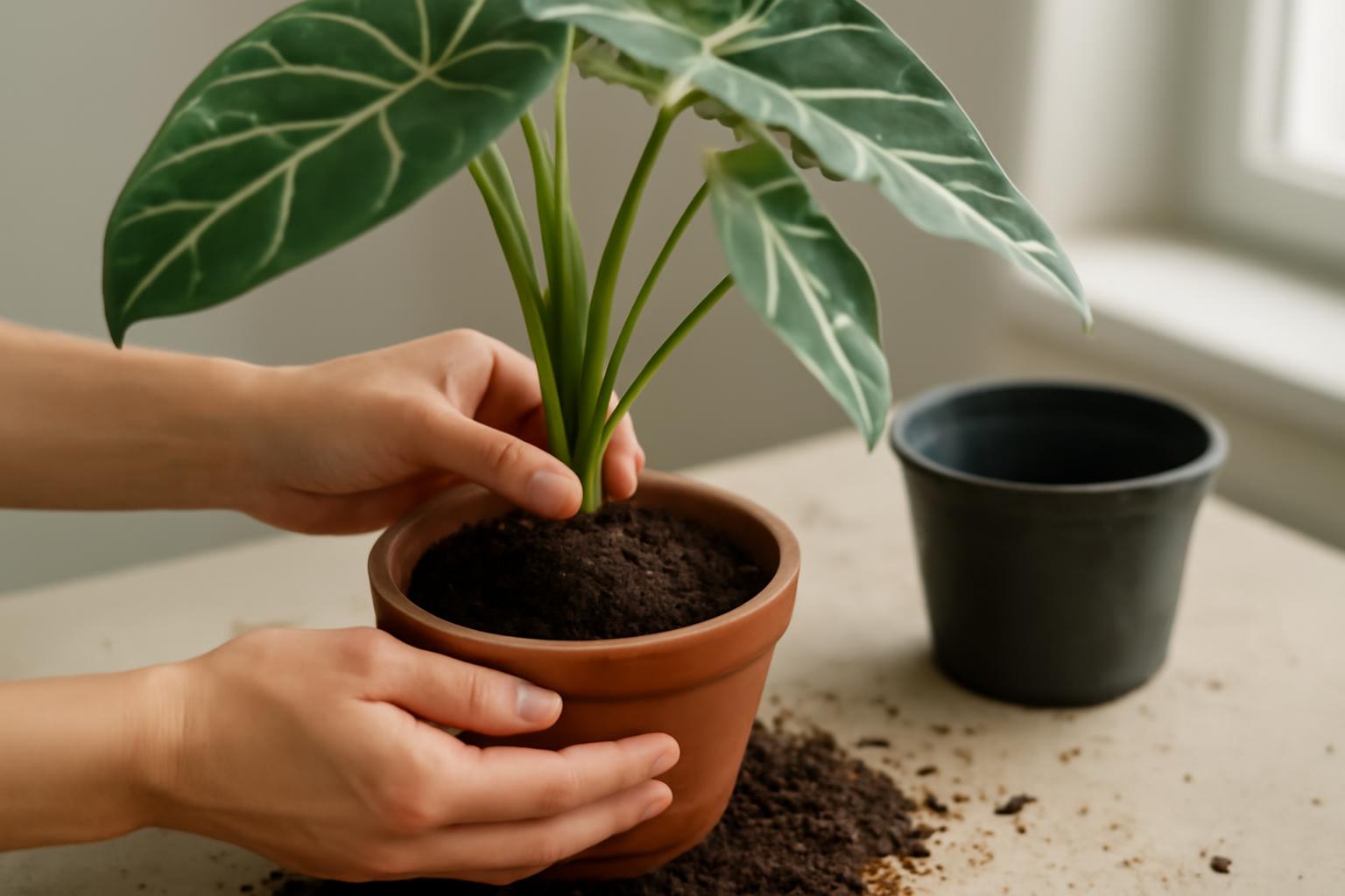 Két kéz egy alokázia növényt ültet egy cserépbe, friss földdel.