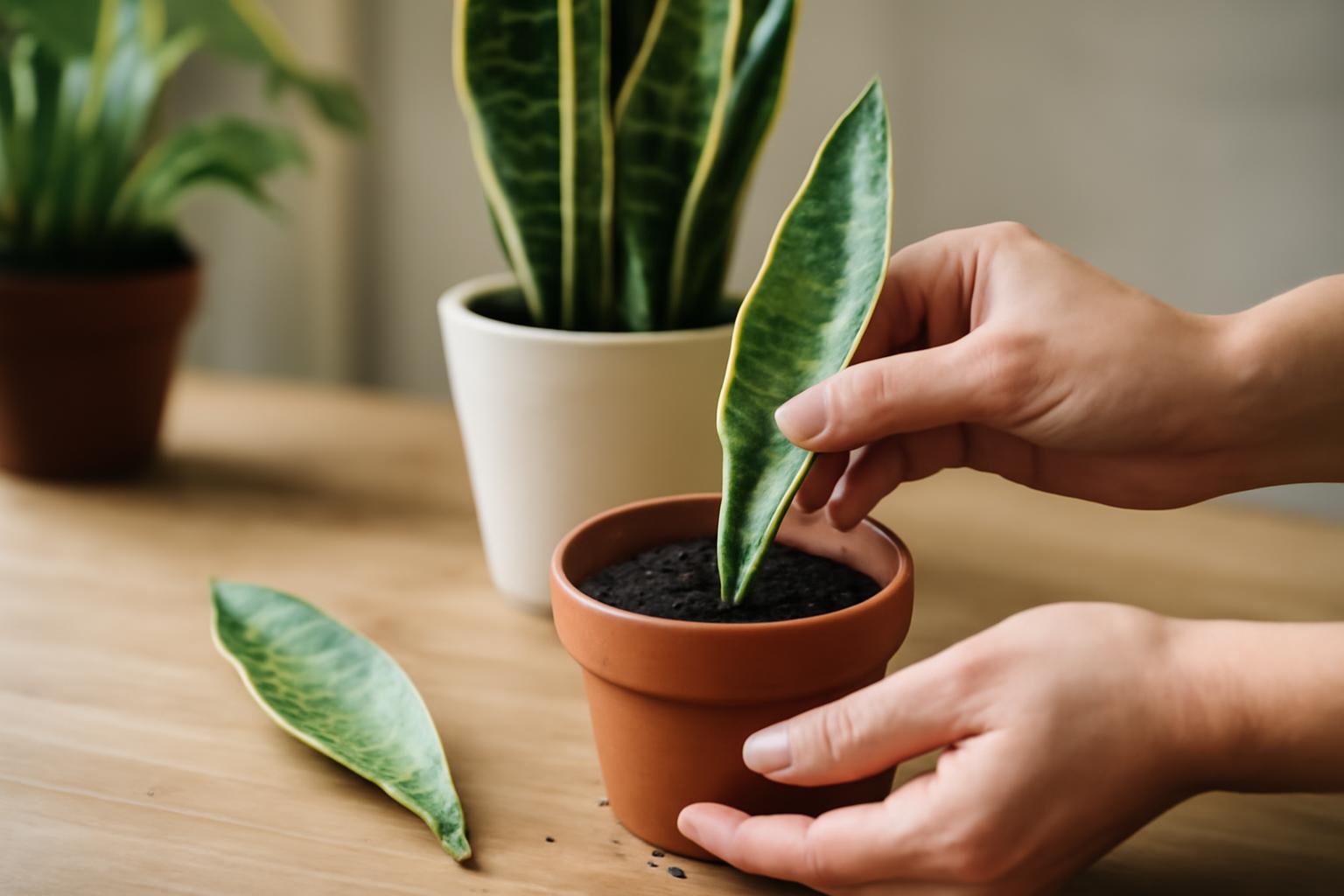 Egy kéz anyósnyelv levél dugványát ülteti egy cserép földbe.