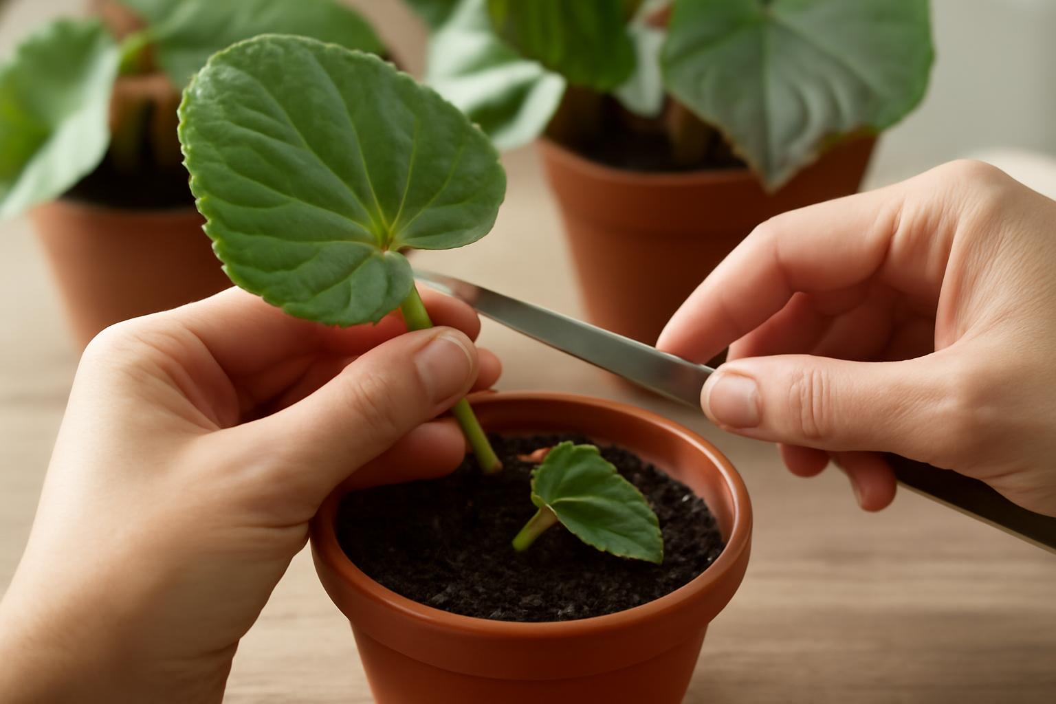 Kéz levéldugványozás közben, begónia szobanövény mellett.