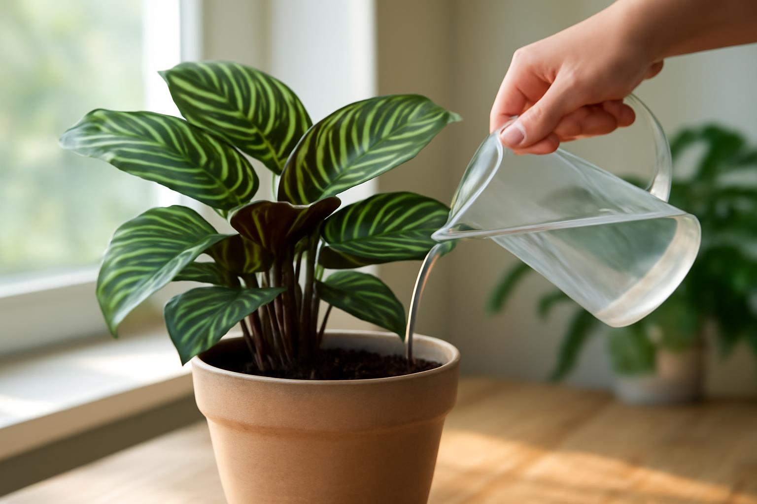 Egy kéz locsolókannával öntözi a Calathea növényt egy cserépben.