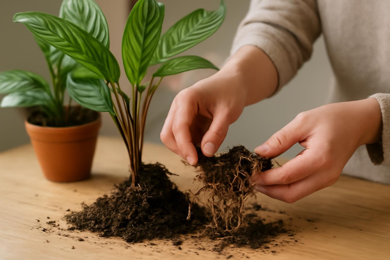Két Ctenanthe növény, az egyik tőosztásra készül, a gyökerek és a föld látható.