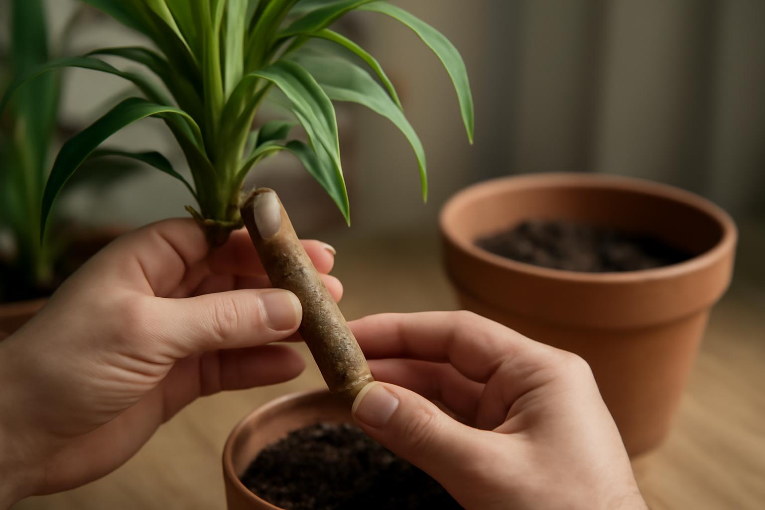 Két kéz tart egy dracaena törzsdugványt, miközben egy zöld szobanövény látható a háttérben.