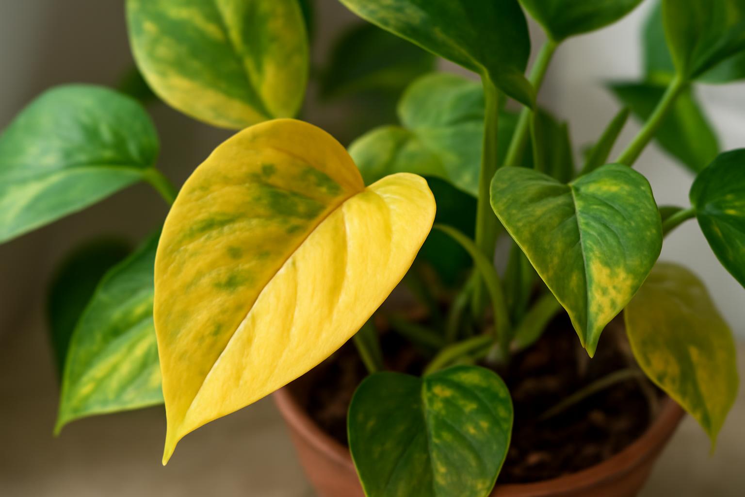 Epipremnum levelek sárgulása: túlöntözés jelei