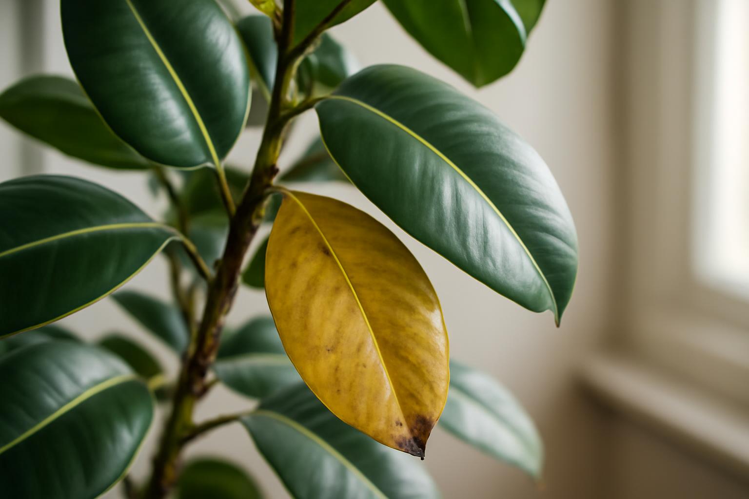 Egy Ficus elastica növény, zöld levelei között egy sárgás, hulló levél látható.