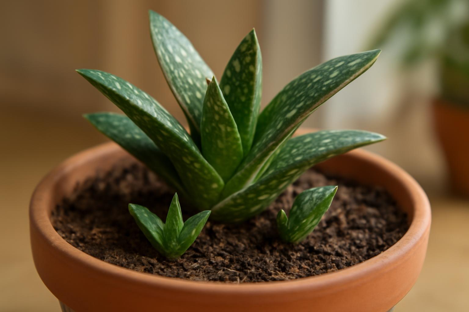 Egy Gasteria növény, sarjakkal, cserépben, zöld levelekkel.