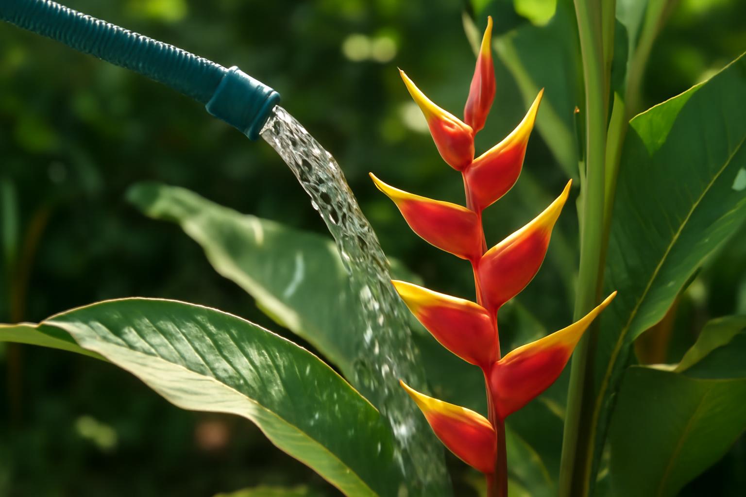 Egy helikonya virág, amelyet öntöznek, zöld levelek között.