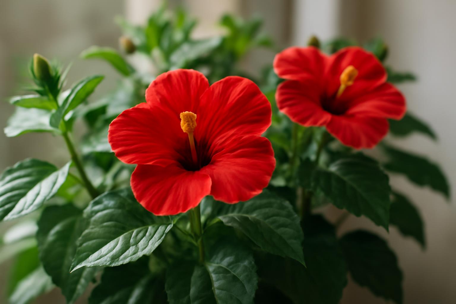 Két élénkpiros hibiszkuszvirág zöld levelek között, szobanövényként nevelve.