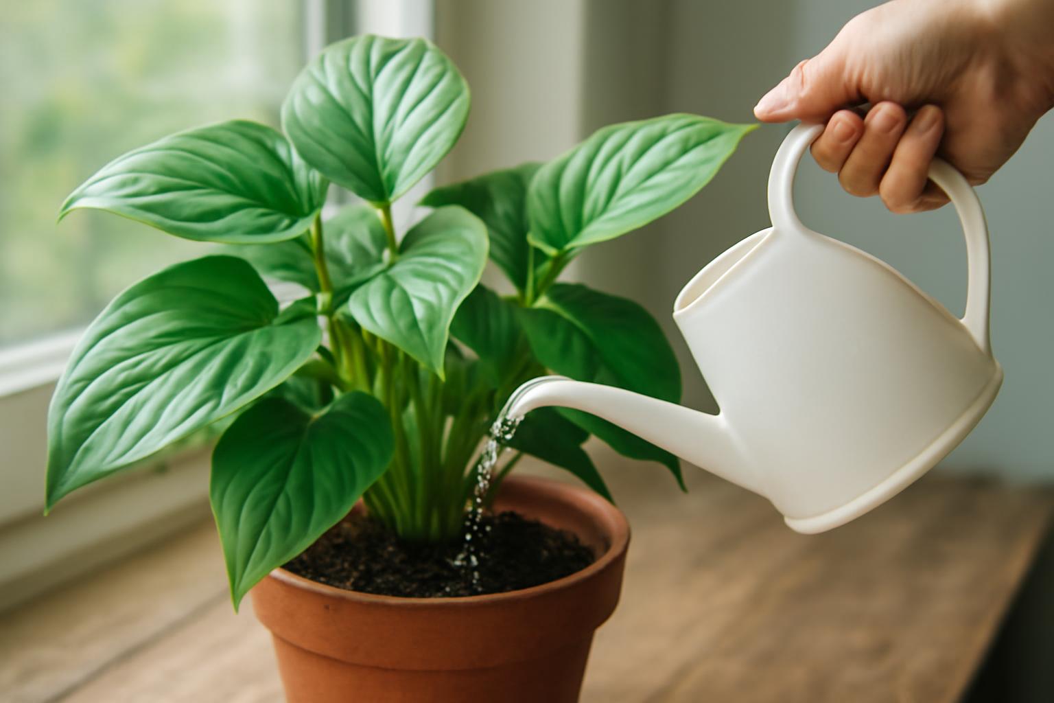 Egy kéz öntözőkannával locsolja a Homalomena növényt egy cserépben.