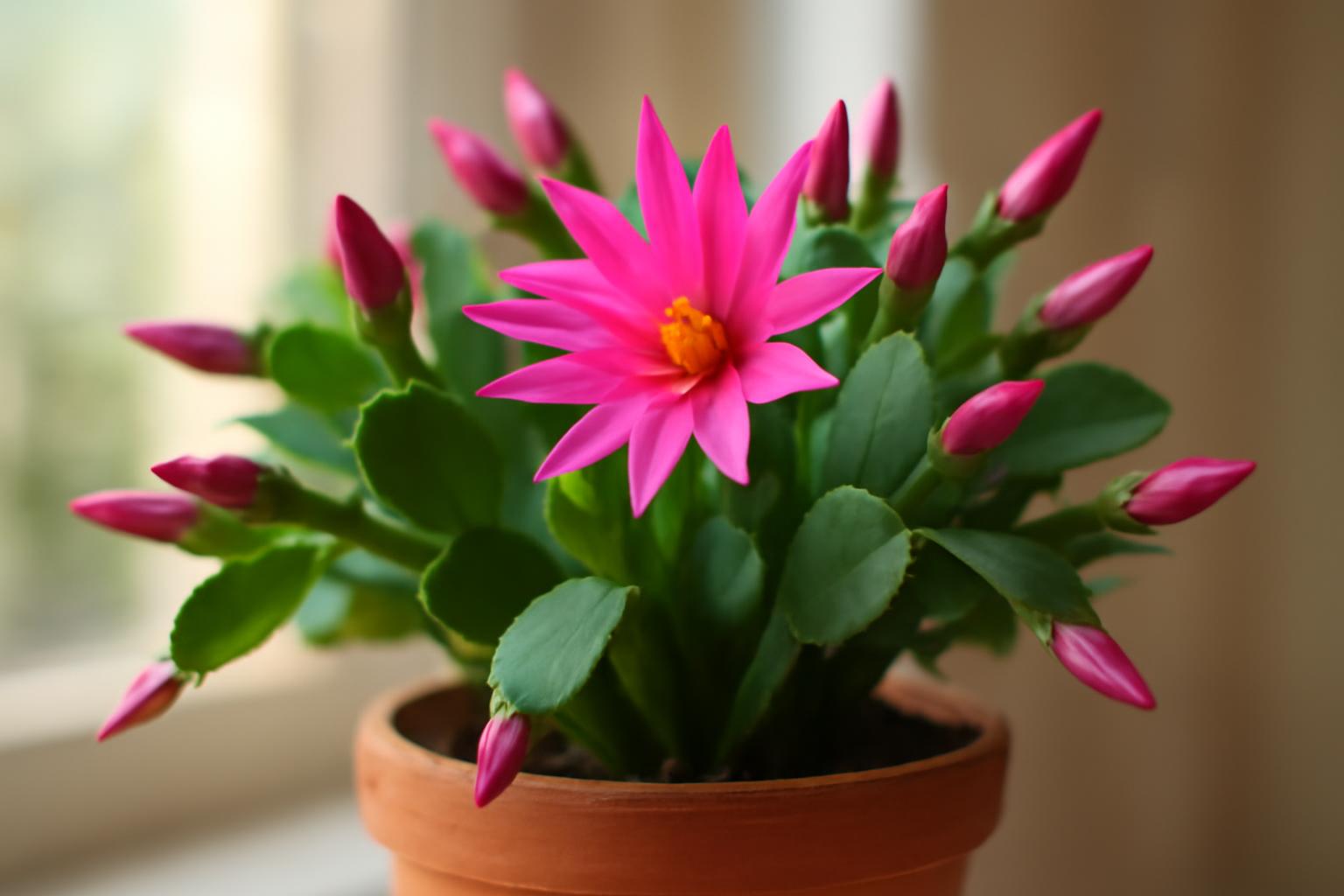 Húsvéti kaktusz virágzó rózsaszín virágokkal és bimbókkal egy cserépben.