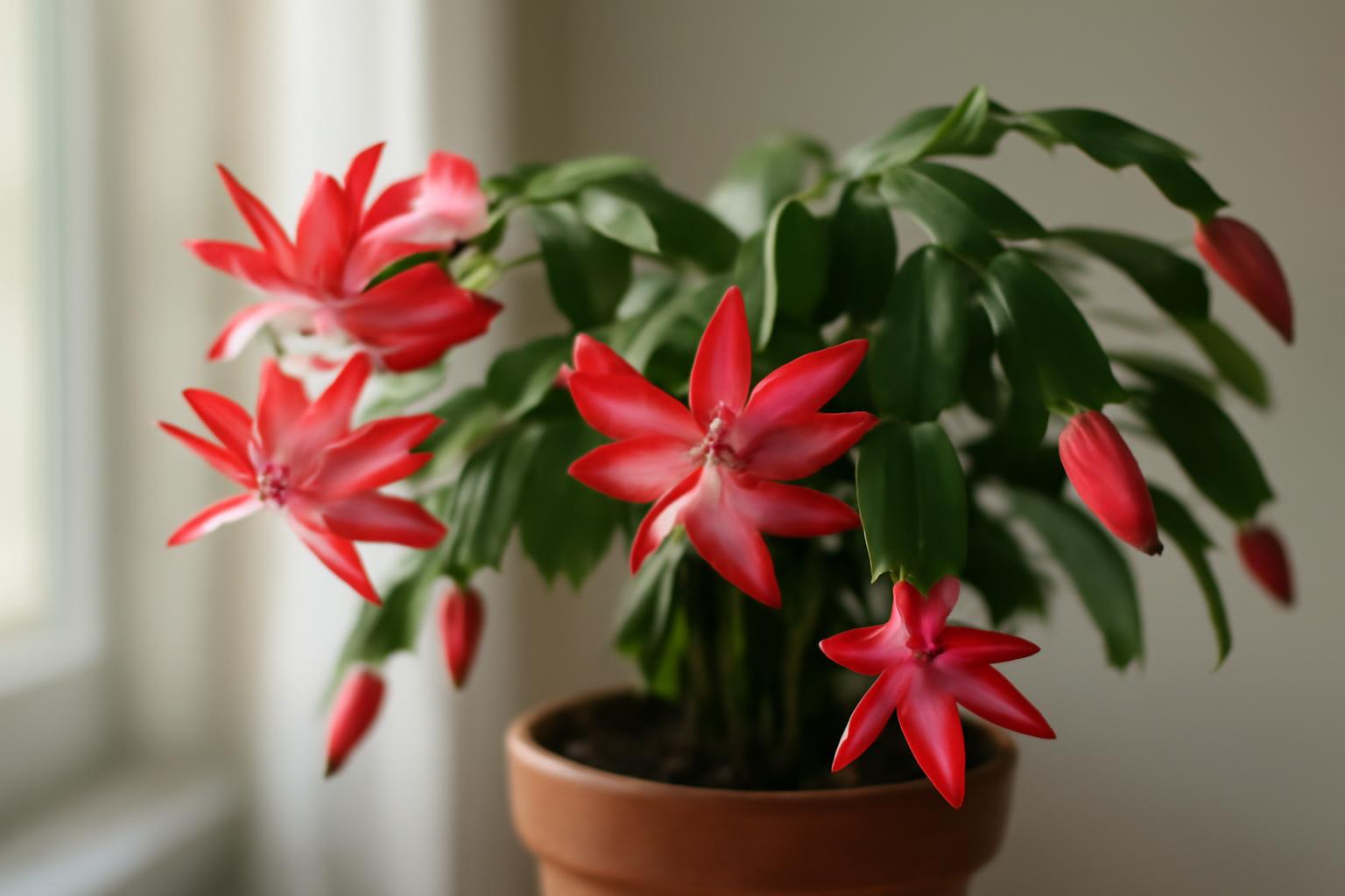 Virágzó karácsonyi kaktusz piros virágokkal, zöld levelekkel.