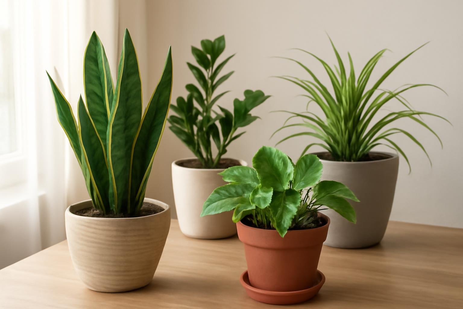 Négy különböző szobanövény, köztük zöld és virágzó fajták, világos háttér előtt.