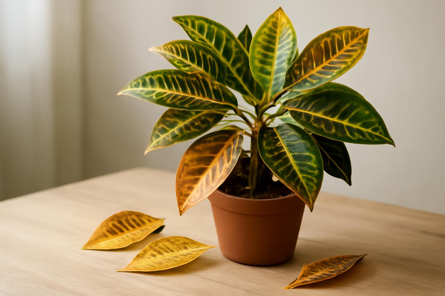 Egy kroton növény, zöld és sárga levelekkel, néhány lehullott levél a földön.