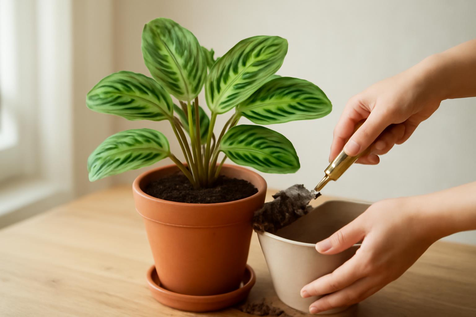 Két cserép, az egyikben egy zöld Maranta növény, a másikban friss föld.