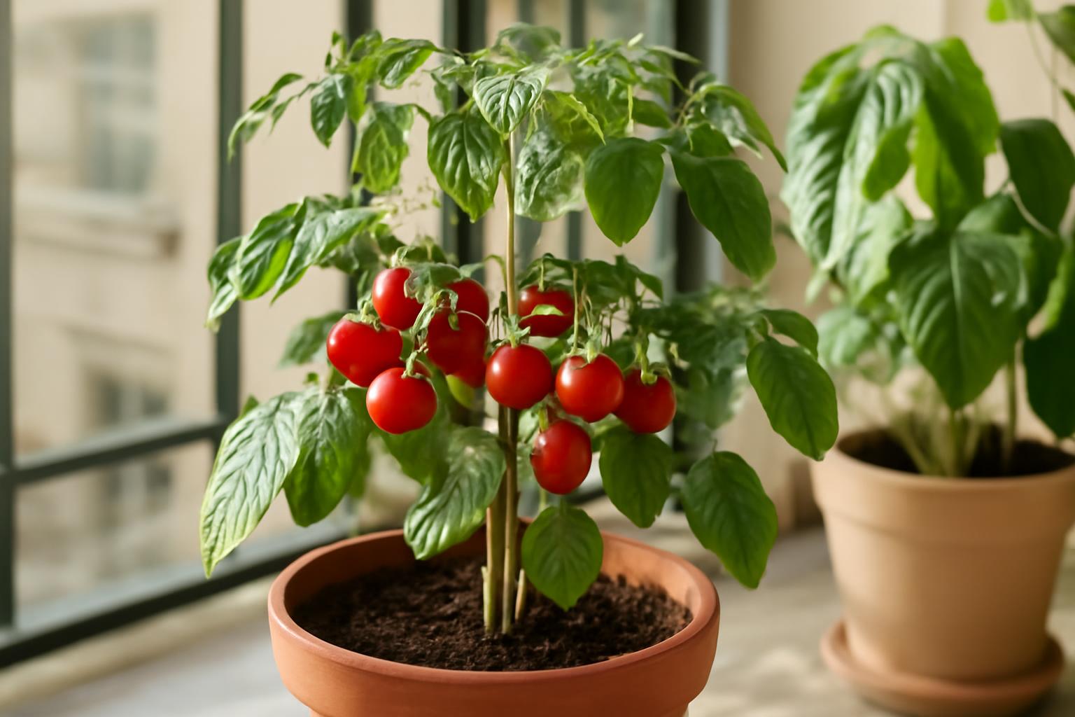 Egy cserepes mini paradicsom növény, érett piros paradicsomokkal, zöld levelekkel.