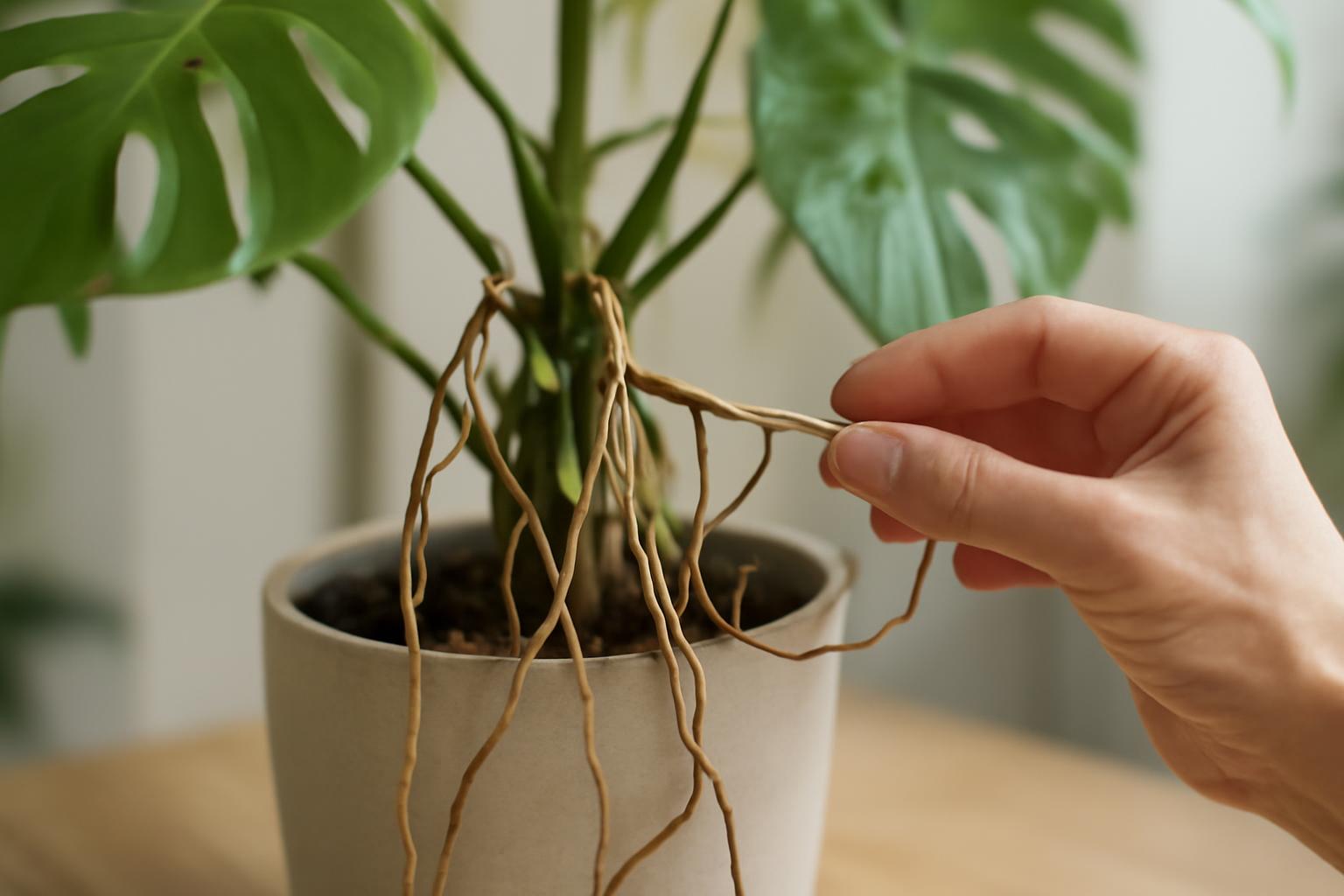 Egy kéz a Monstera léggyökereit vizsgálja, miközben a növény zöld levelei háttérben láthatók.