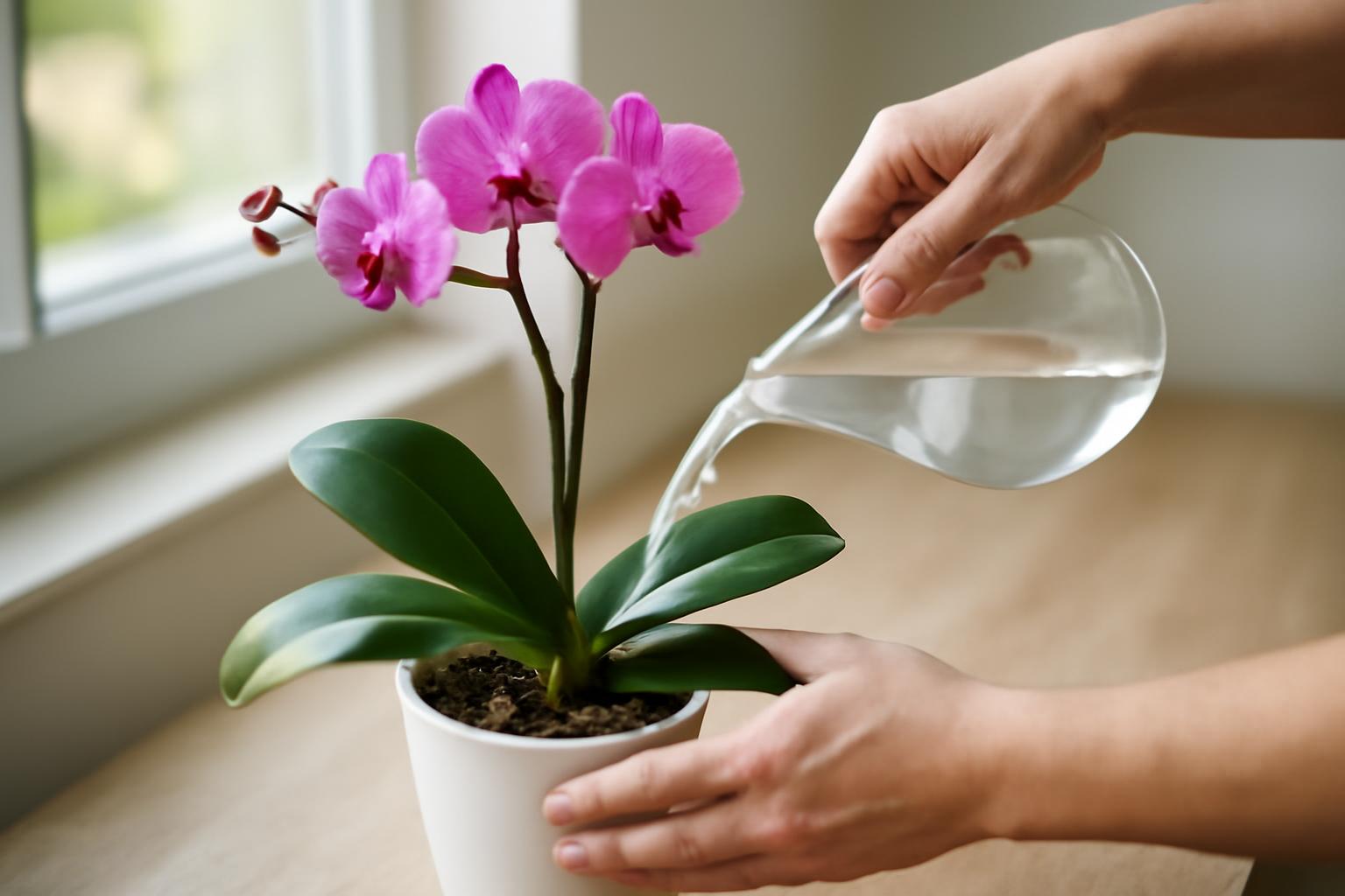 Egy kéz orchideát öntöz egy átlátszó kancsóból, miközben a virágok élénk rózsaszínűek.