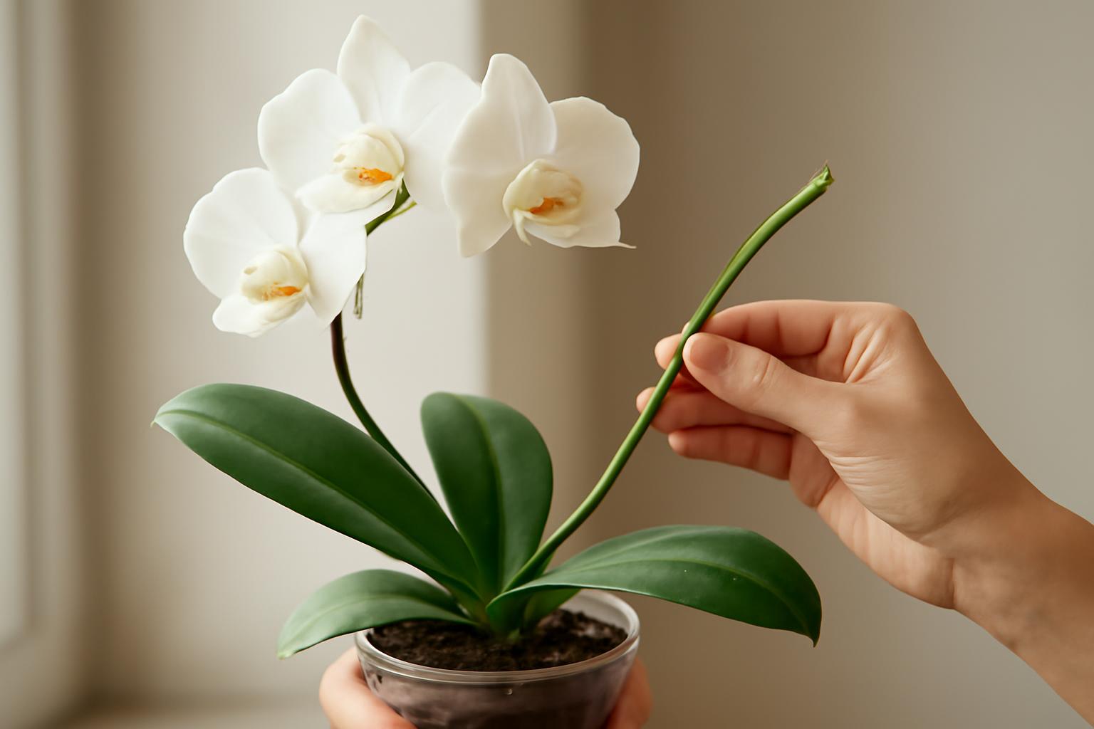 Fehér orchidea virágok és zöld levelek egy cserepben, új virágszárat mutatva.