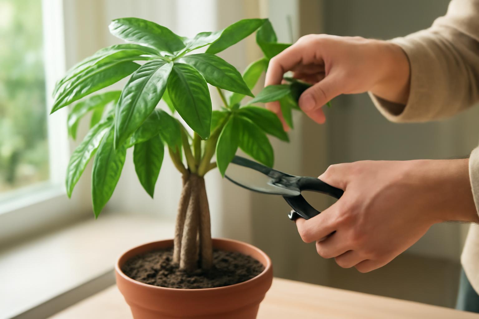 Egy személy metszi a pachira szobanövényt, hogy szép formát adjon neki.