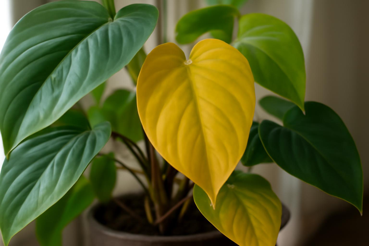 Philodendron levelek sárgulása: túlöntözés vagy fényhiány