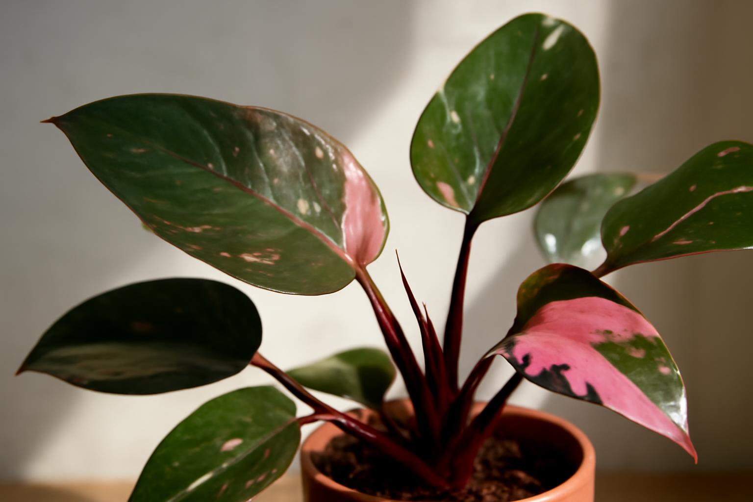 A Philodendron pink princess zöld és rózsaszín levelekkel díszített cserepes növény.
