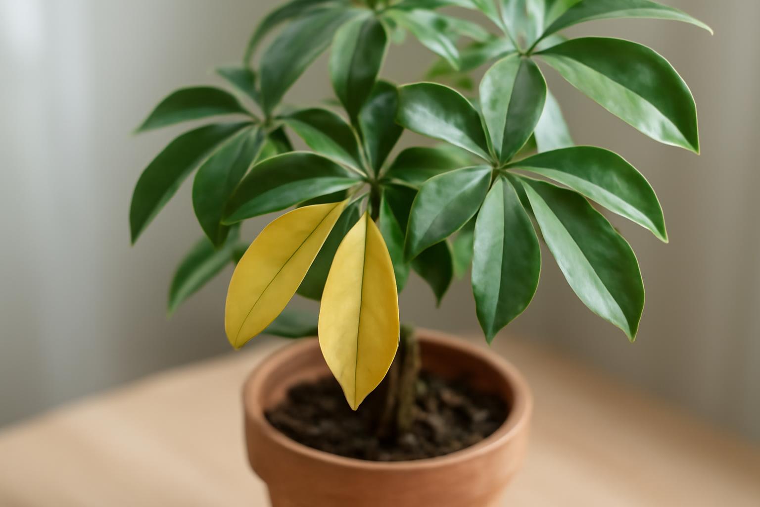 Egy Schefflera növény, zöld levelekkel és sárgára színeződött levelekkel, cserépben.