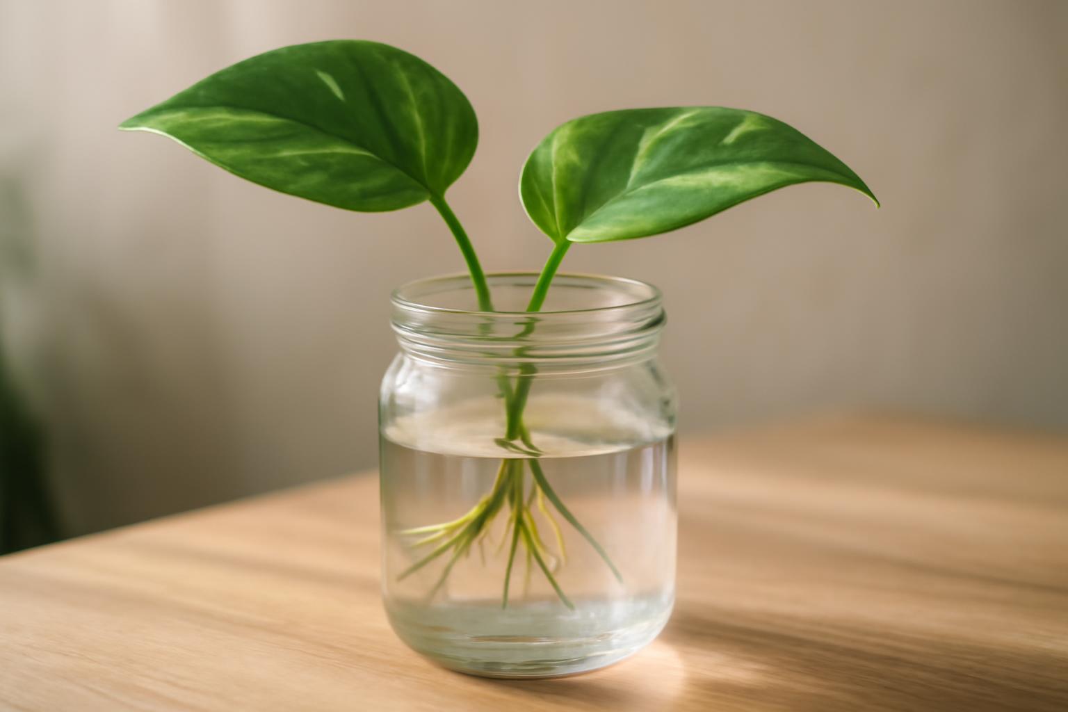 Egy Scindapsus növény vízben gyökereztetve, zöld levelekkel és friss gyökerekkel.