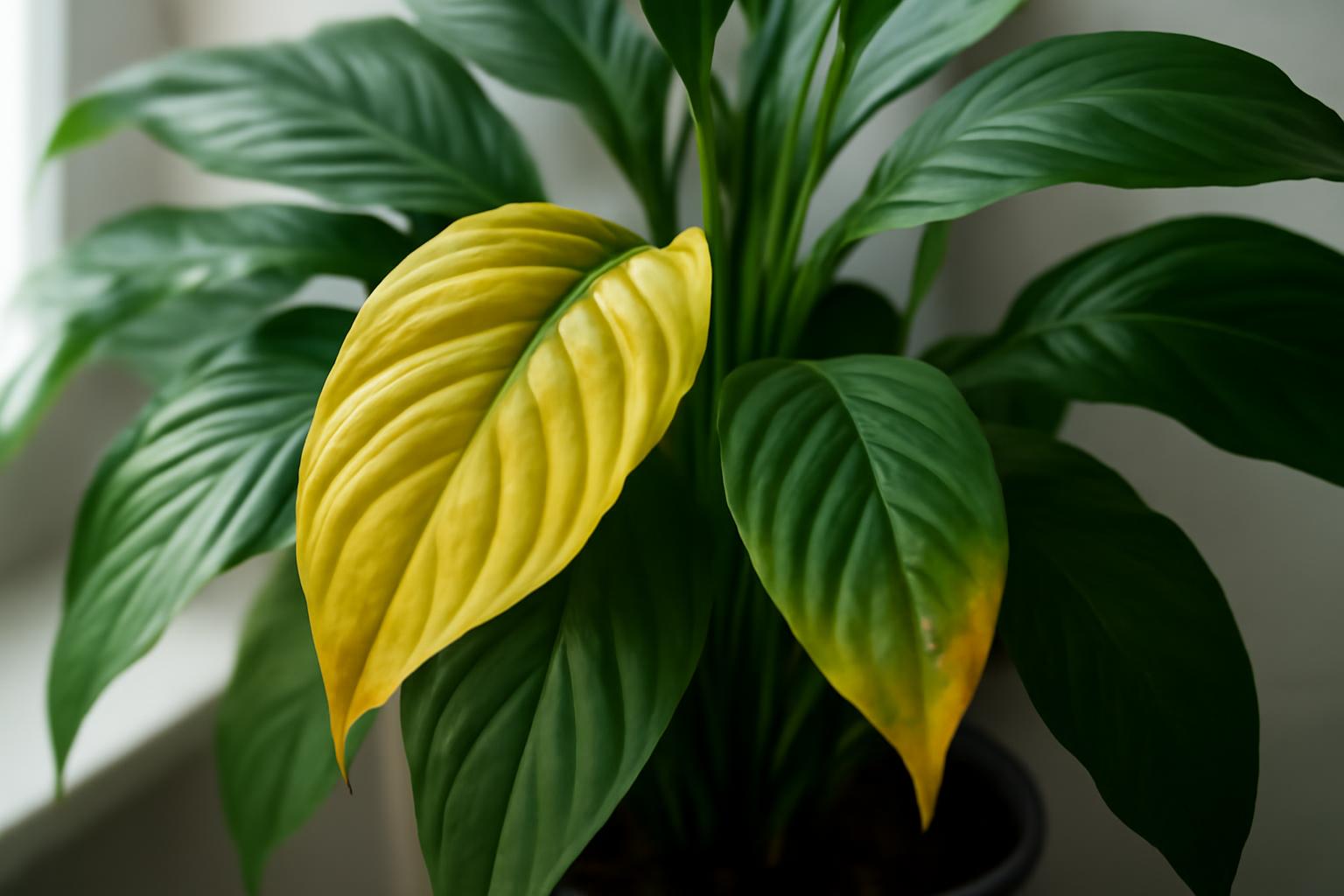 Spathiphyllum levelek sárgulása: túlöntözés jelei