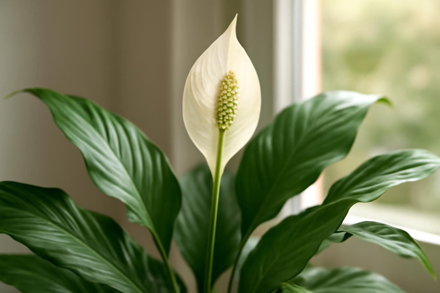 Egy spathiphyllum virág, fehér szirmokkal és zöld levelekkel, világos háttérben.