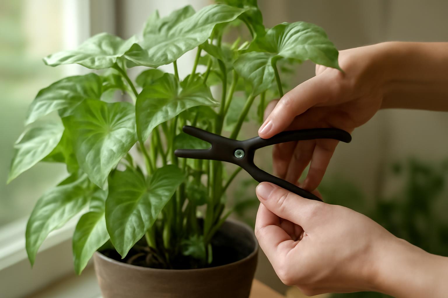 Egy kéz Syngonium növényt metsz, hogy dúsabb legyen a szobanövény.