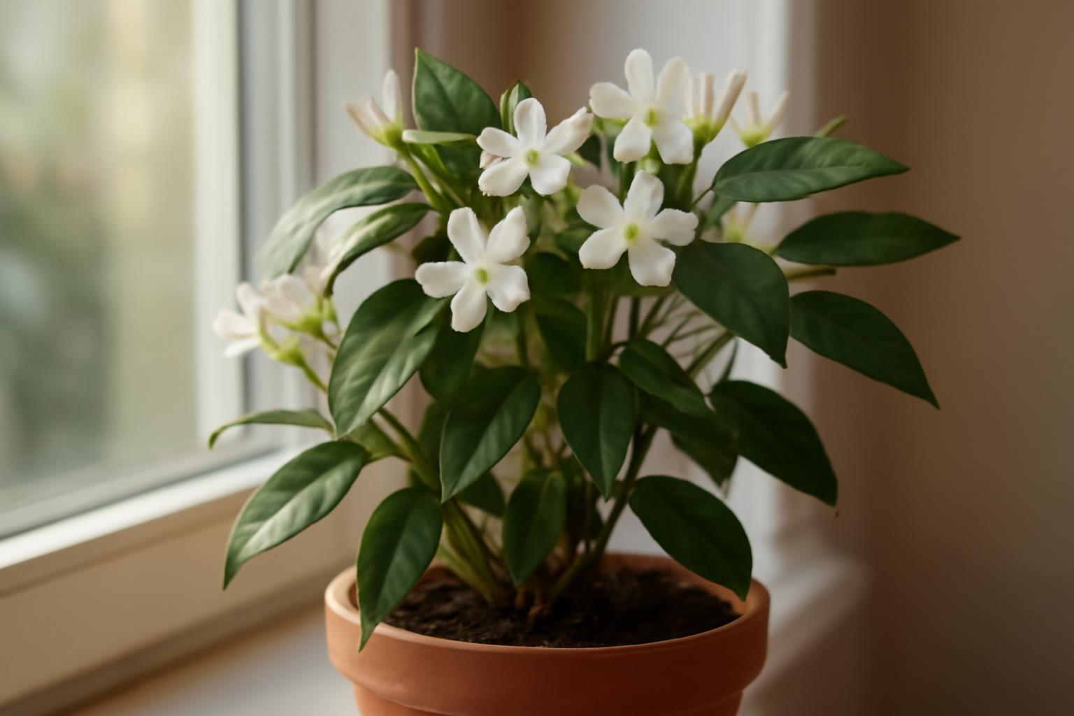 Virágzó szobai jázmin, fehér virágokkal és zöld levelekkel, cserépben.