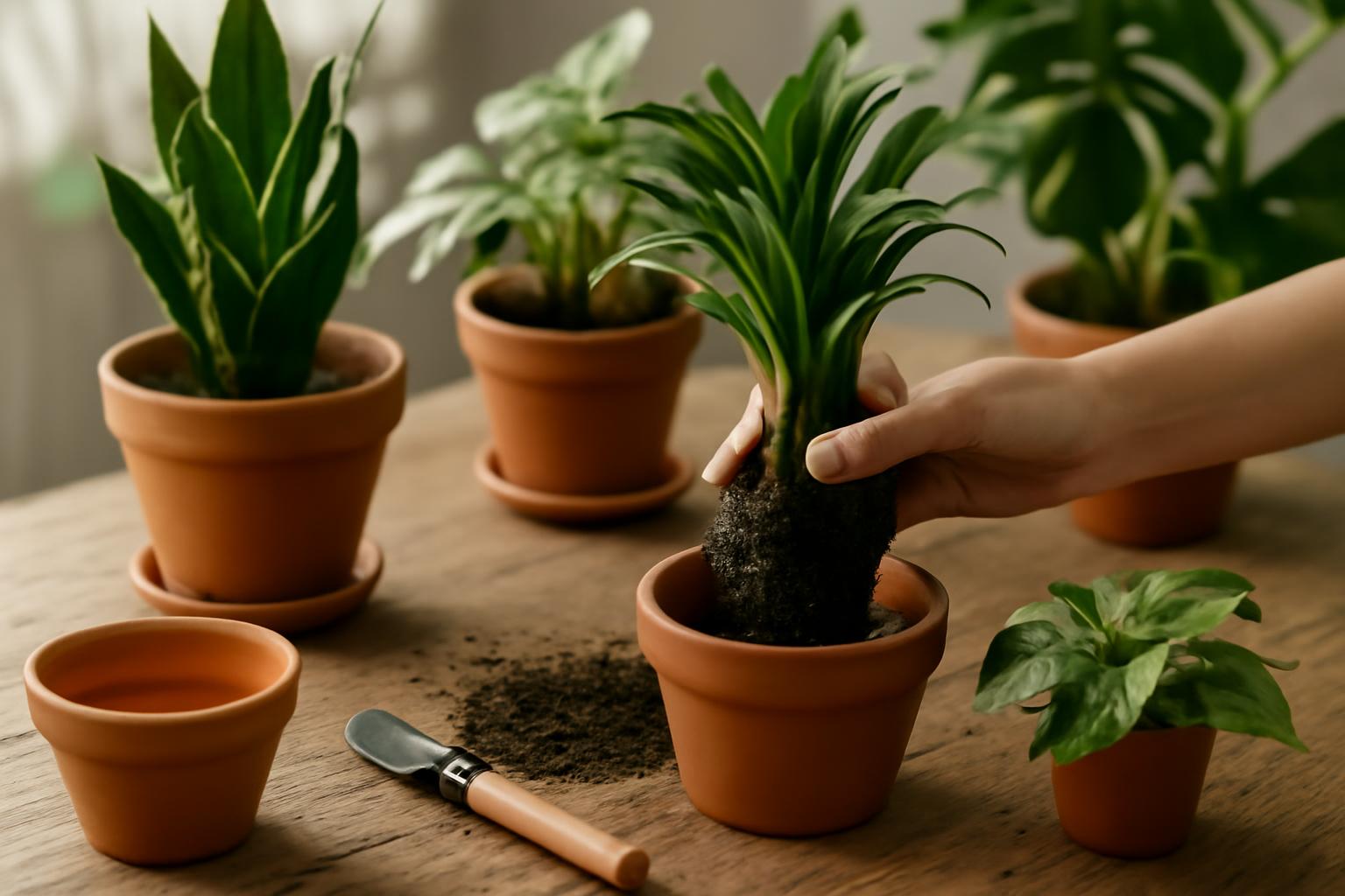 Egy kéz éppen átültet egy zöld szobanövényt egy terrakotta cserépbe.