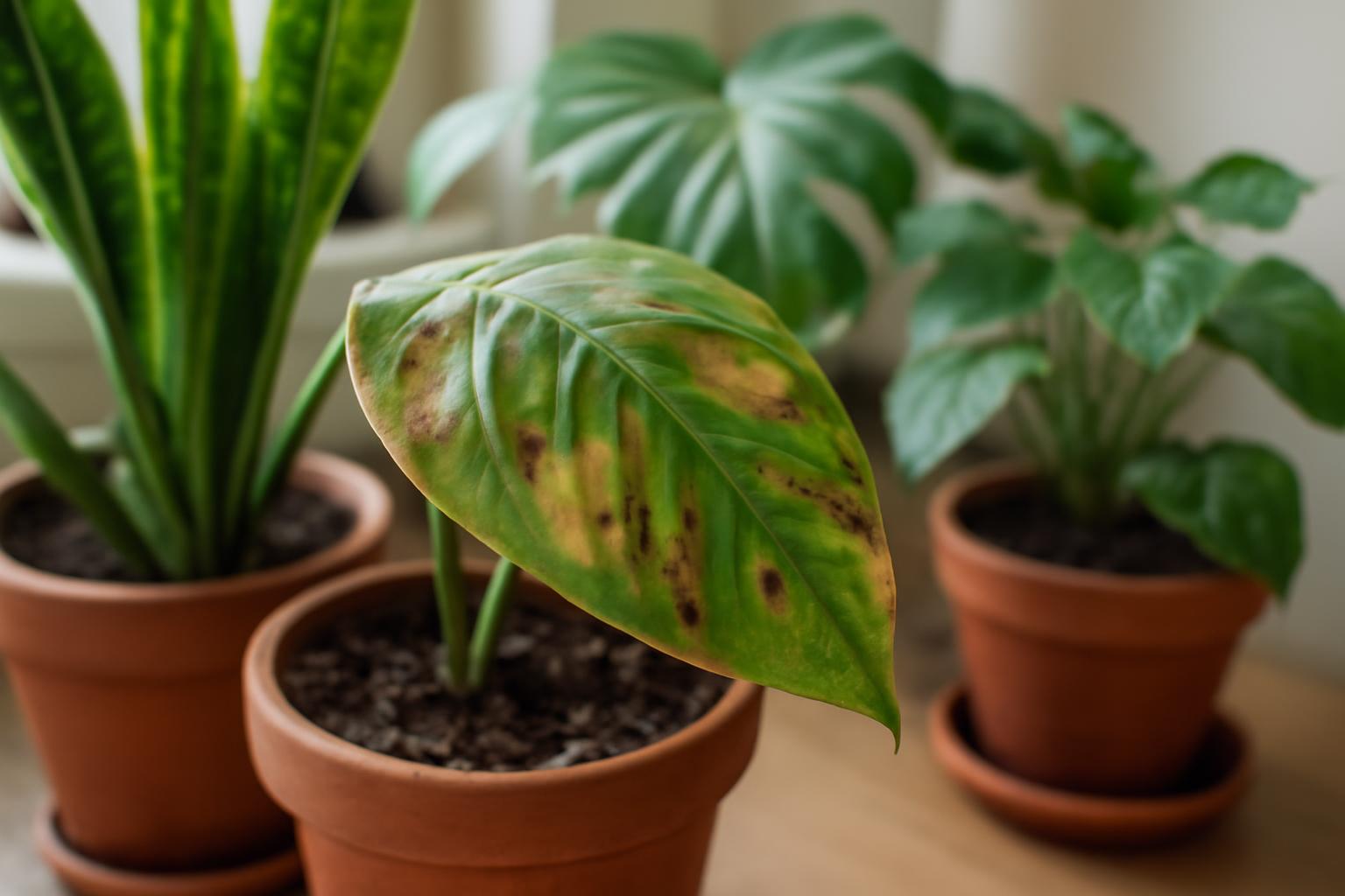 Beteg szobanövények, sárguló és foltos levelekkel, cserepekben.