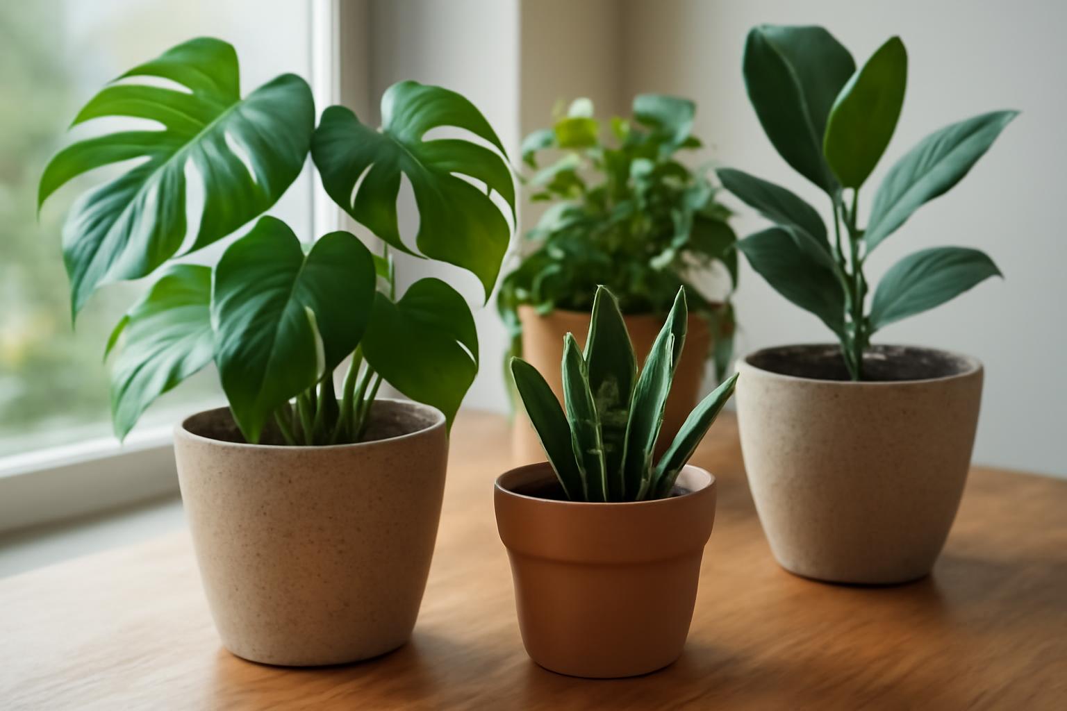 Különböző szobanövények cserepekben, zöld levelekkel, világos háttér előtt.