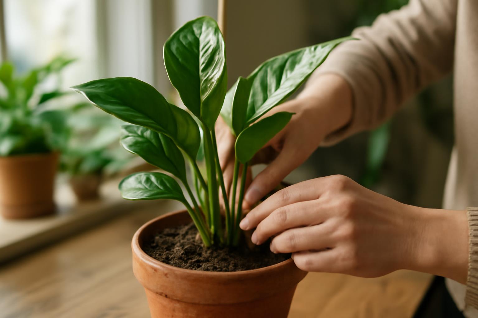 Egy személy gondoz egy zöld szobanövényt, figyelmesen ülteti át egy cserépbe.