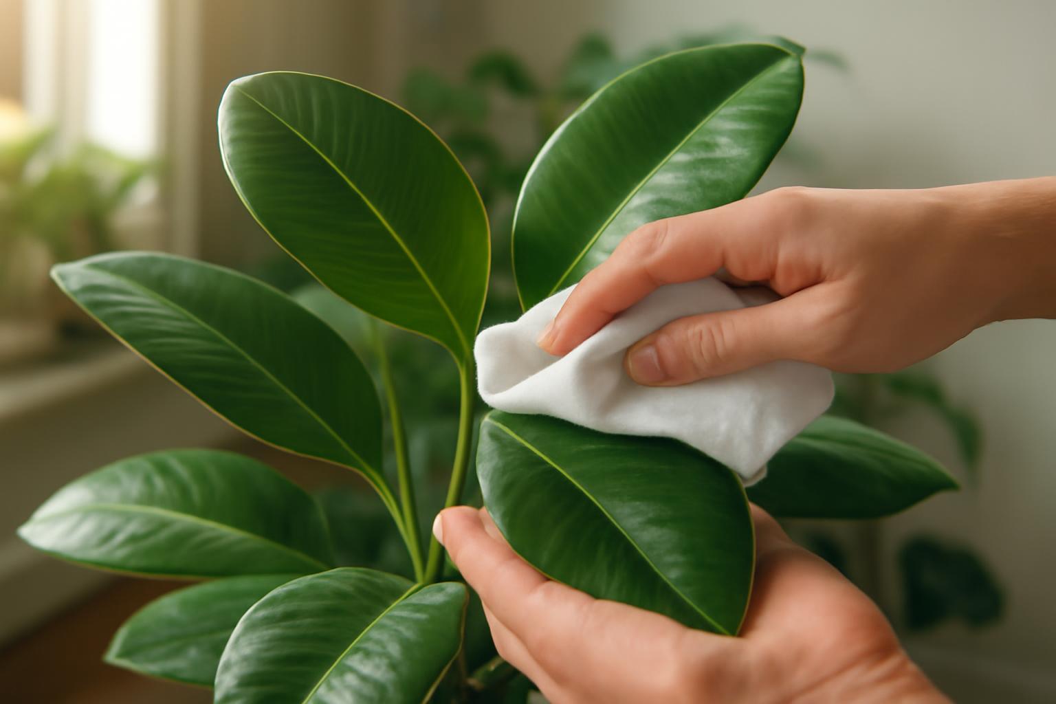 Egy kéz szobanövény leveleit törli egy puha ronggyal, hogy tisztán tartsa.