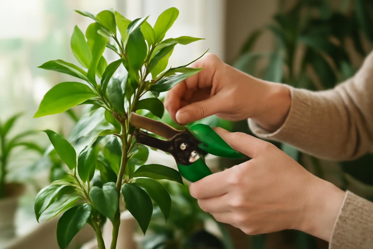 Kézben tartott metszőollóval szobanövényt vágnak vissza.