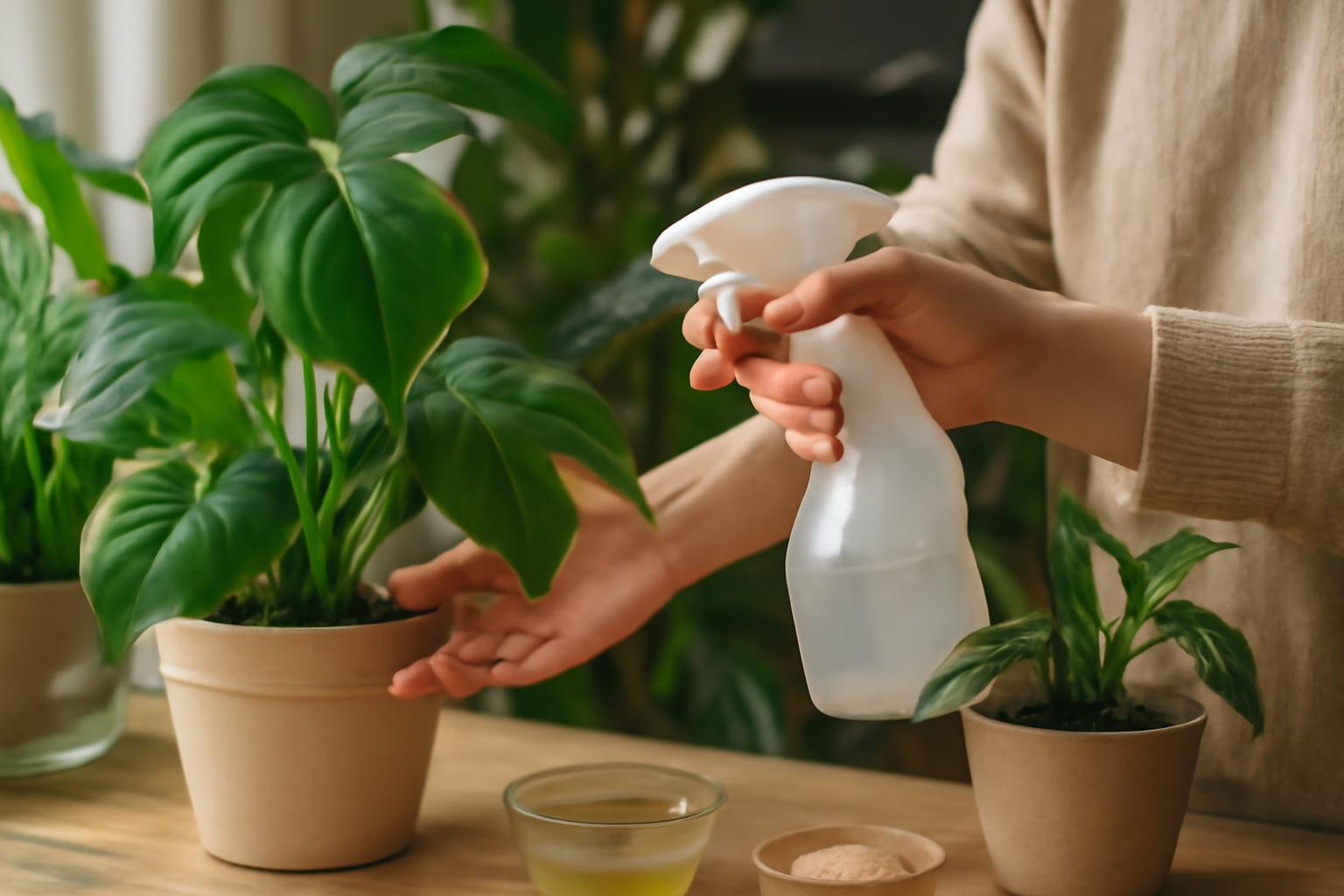 Kézben tartott permetező, zöld szobanövények mellett, természetes növényvédelemhez.