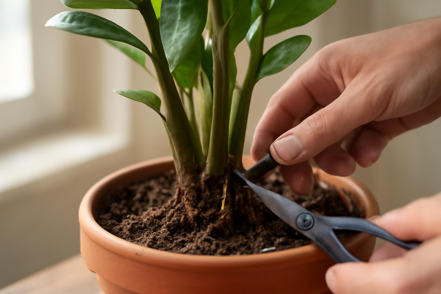 Kéz a zamioculcas gyökereit ápolja, ollóval vágja a rothadt részeket.
