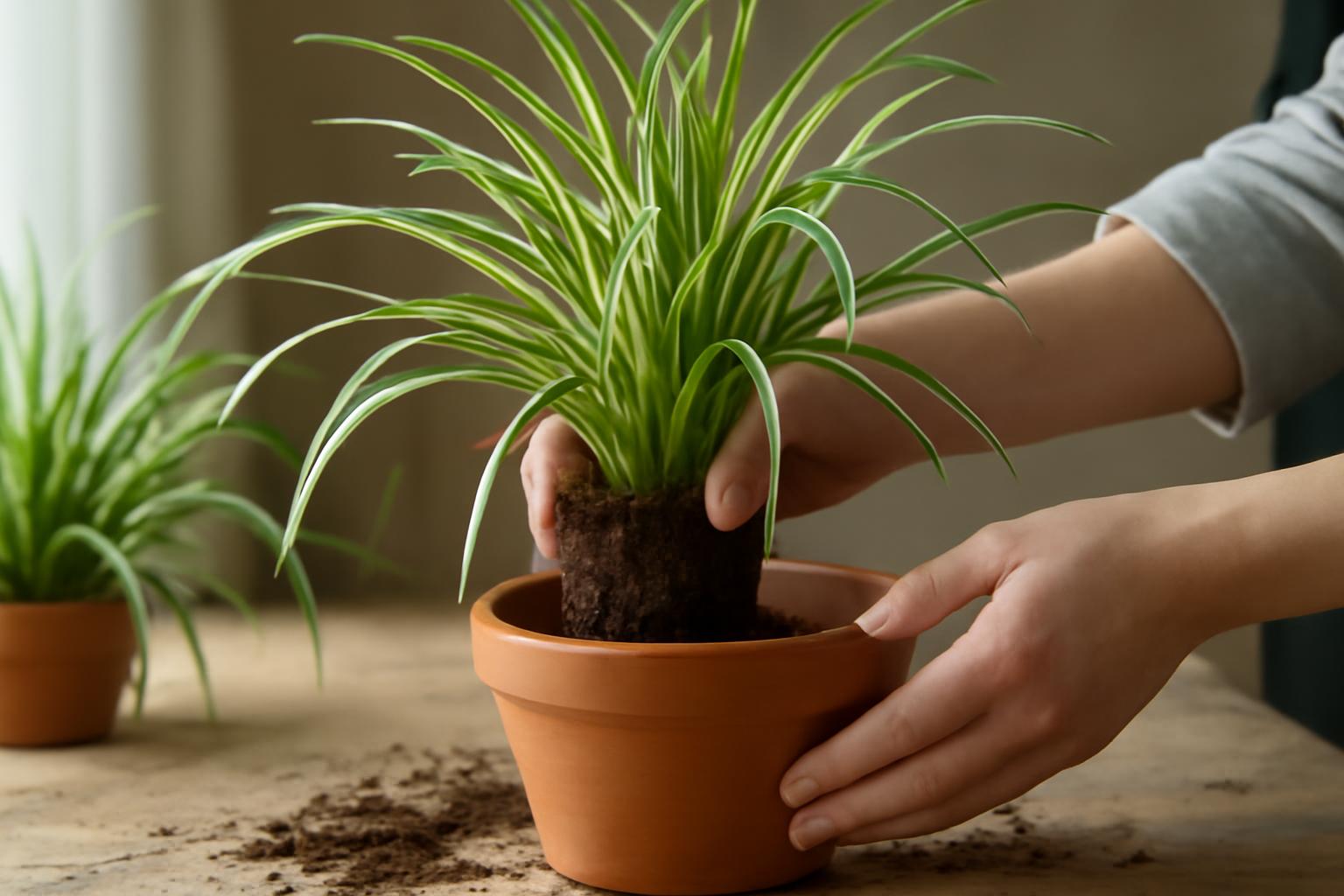 Kézben tartott zöldike gyökérgolyó, amelyet új cserépbe ültetnek.