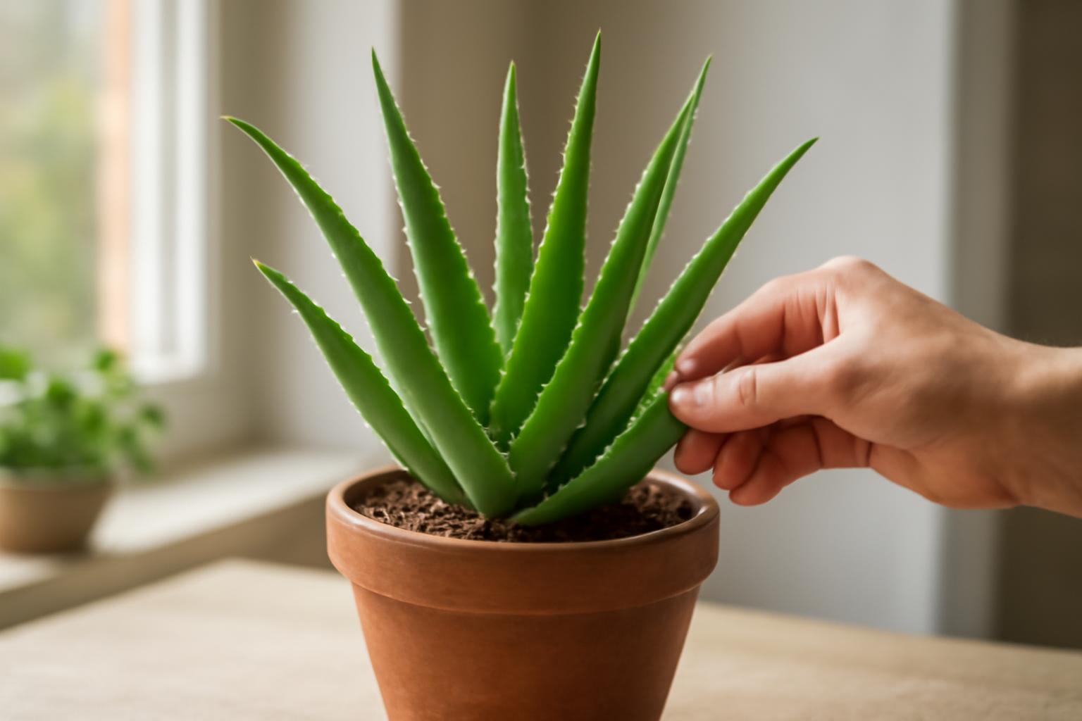 Egy egészséges aloe vera növény, amelyet egy kéz érint, cserepében.