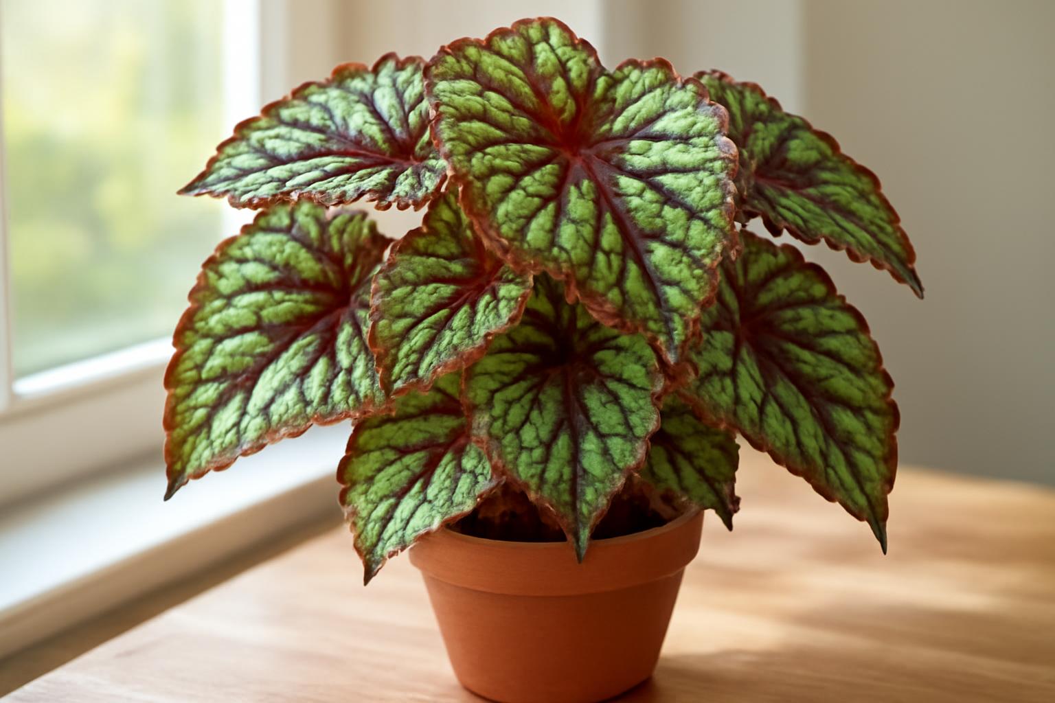 A Begonia rex díszes levelei, zöld és bordó színben, cserepes virágban.